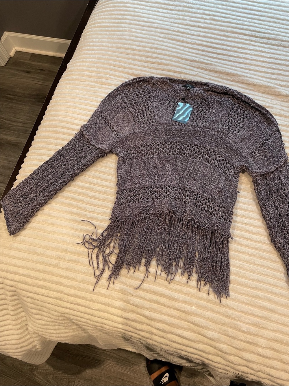 Fate Open-Knit Off-the-Shoulder Fringe Sweater - Brown
